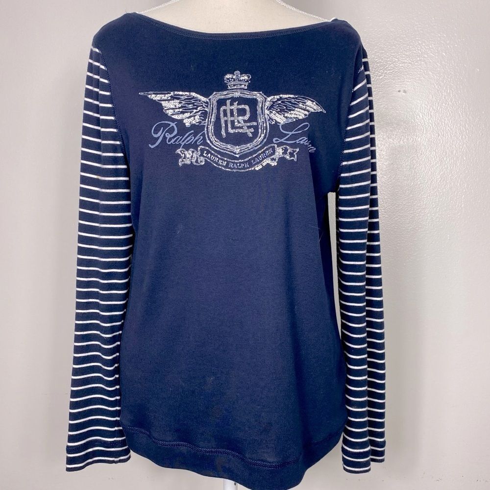 Lauren Ralph Lauren boatneck beaded RL insignia long striped sleeve top sz L